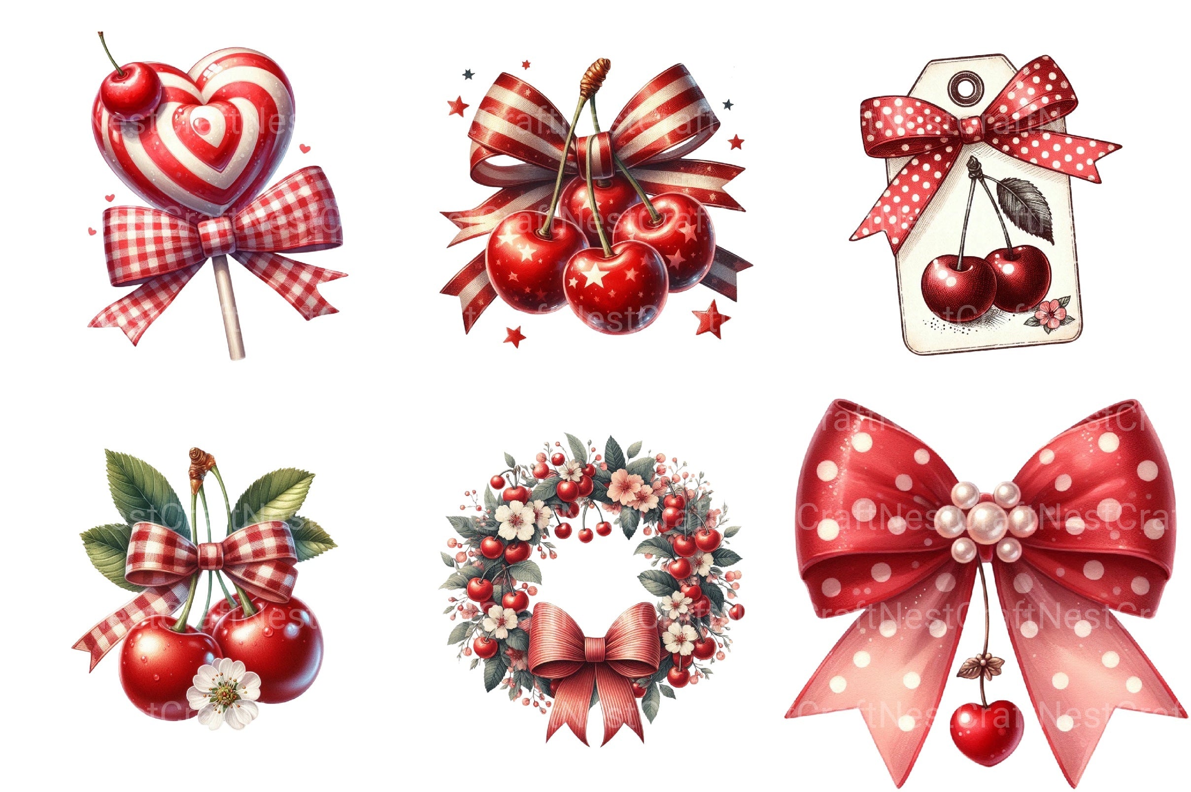 Red Bow Cherry Clipart Bundle - CraftNest - Digital Crafting and Art