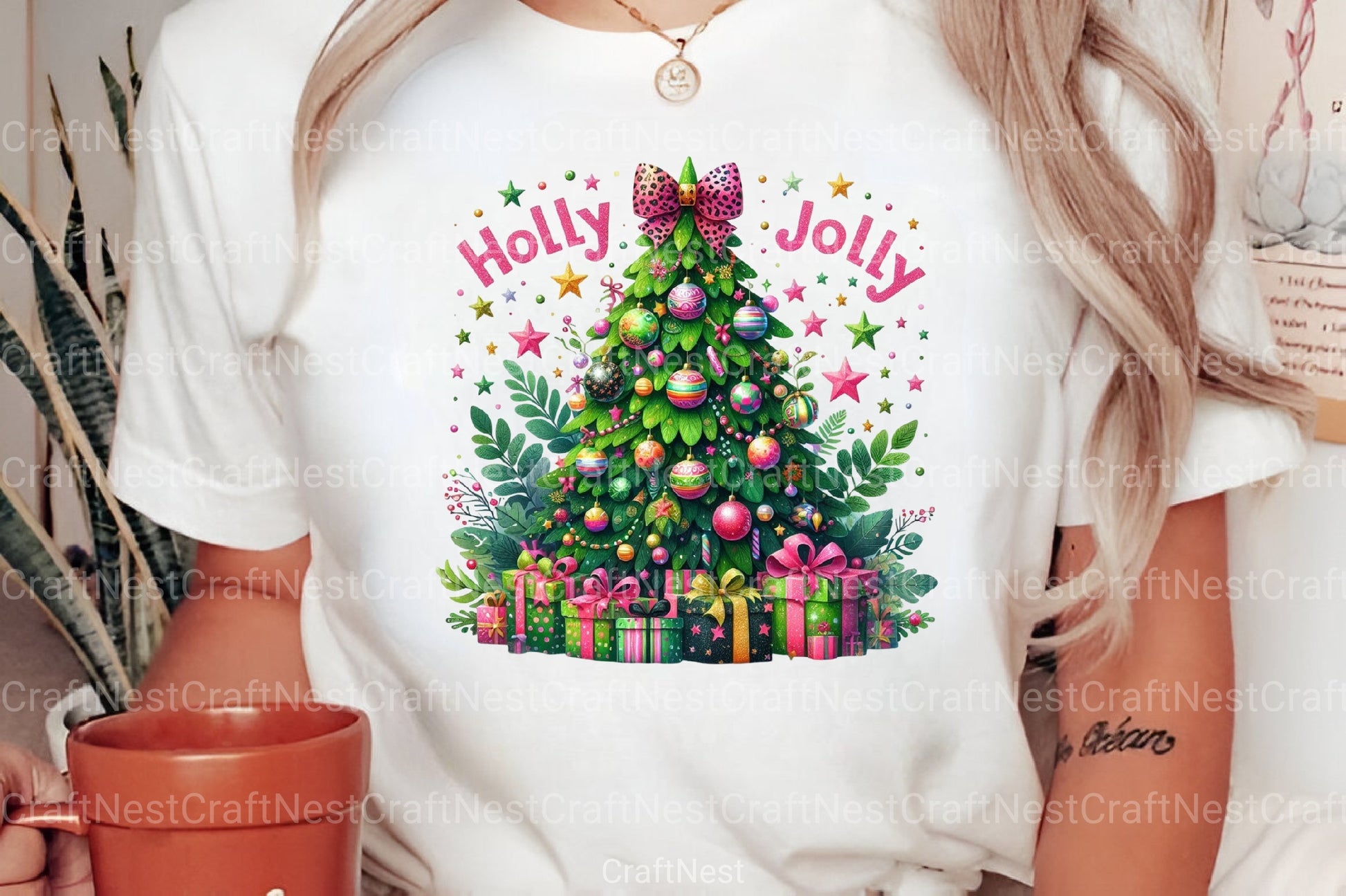 Colorful Glitter Holly Jolly Christmas Tree Pink Clipart Bundle - CraftNest - Digital Crafting and Art
