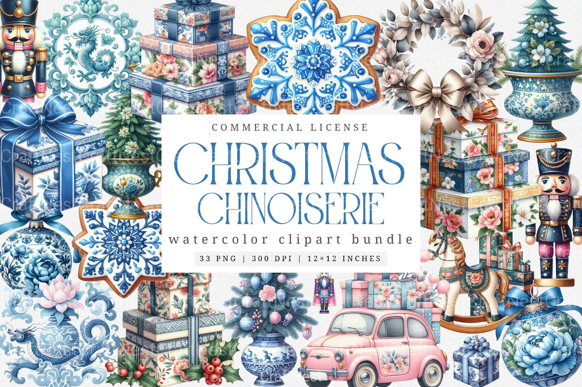Chinoiserie Christmas Toile Grandmillennial Clipart Bundle - CraftNest - Digital Crafting and Art