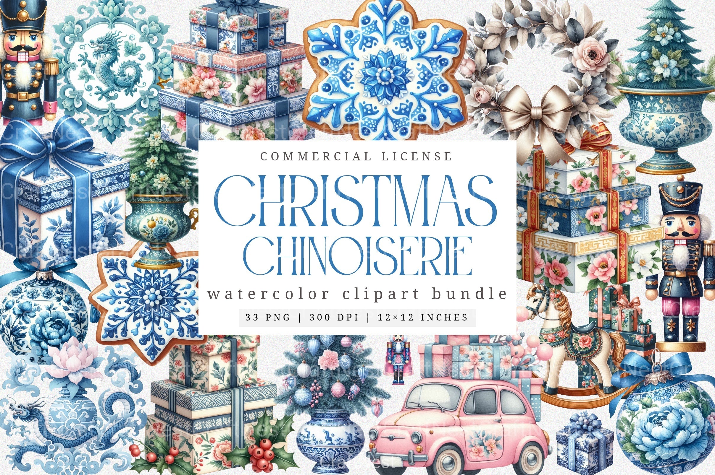 Chinoiserie Christmas Toile Grandmillennial Clipart Bundle - CraftNest - Digital Crafting and Art