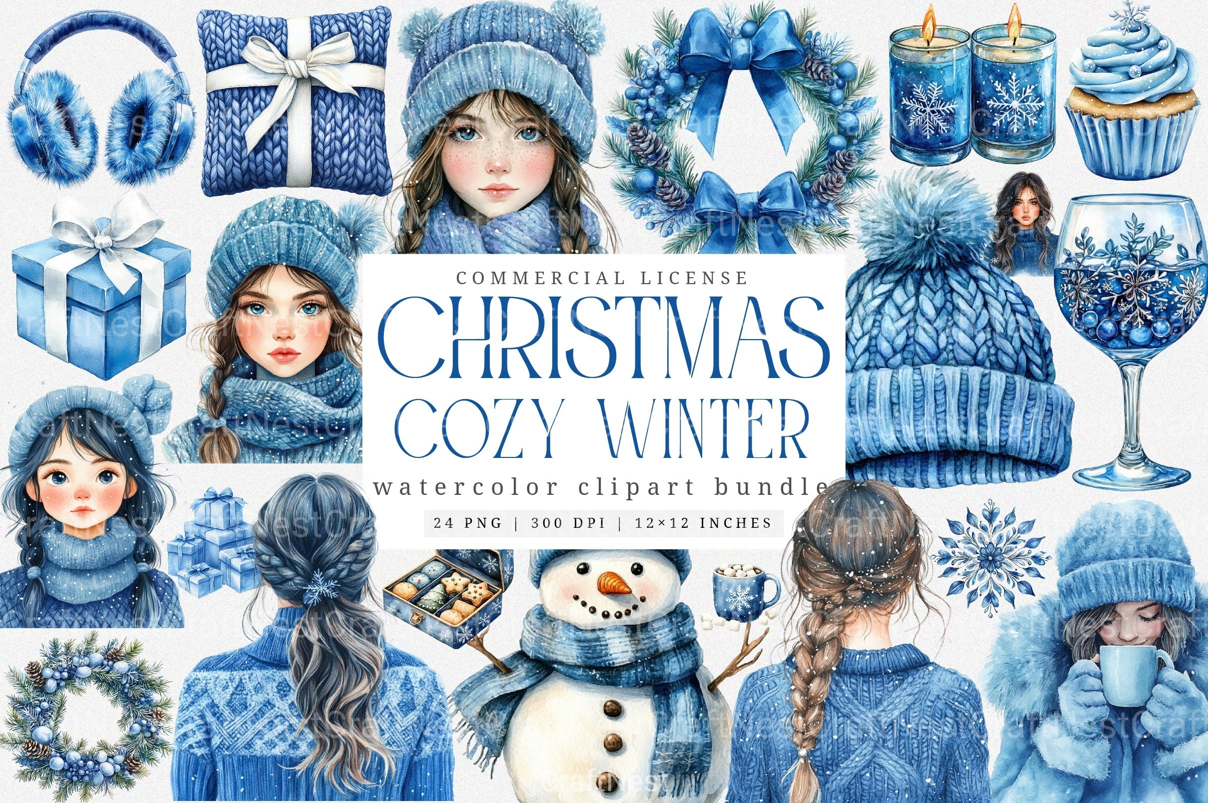 Cozy Winter Blue Snowflake Christmas Cottagecore Digital Stickers Bundle - CraftNest - Digital Crafting and Art