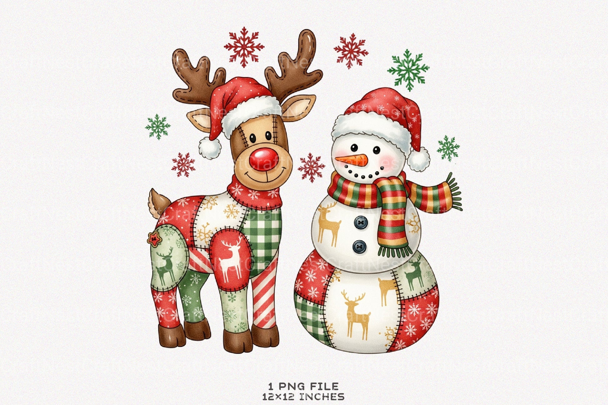 Patchwork Christmas Snowman & Reindeer Clipart Bundle - CraftNest - Digital Crafting and Art