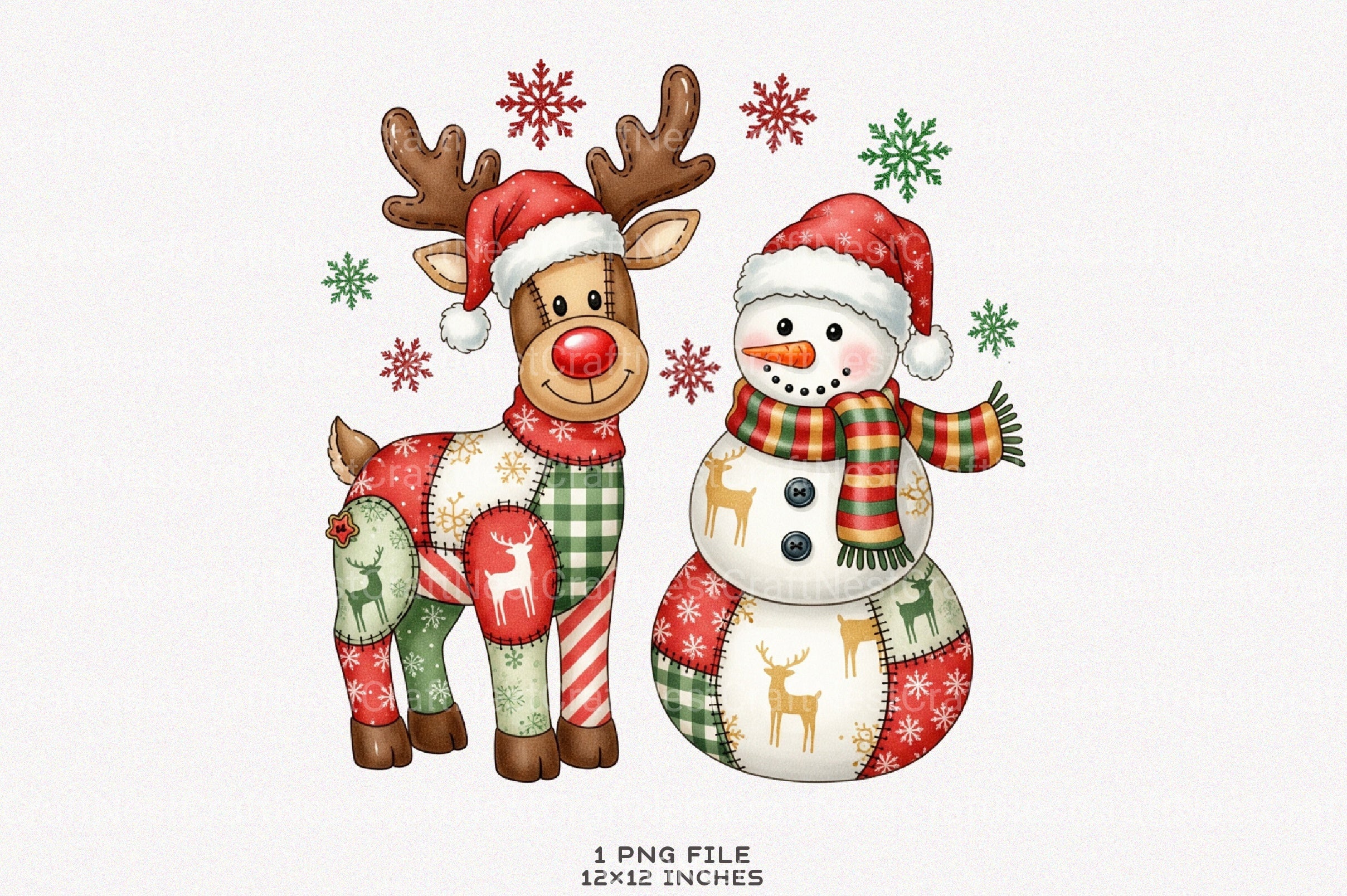 Patchwork Christmas Snowman & Reindeer Clipart Bundle - CraftNest - Digital Crafting and Art