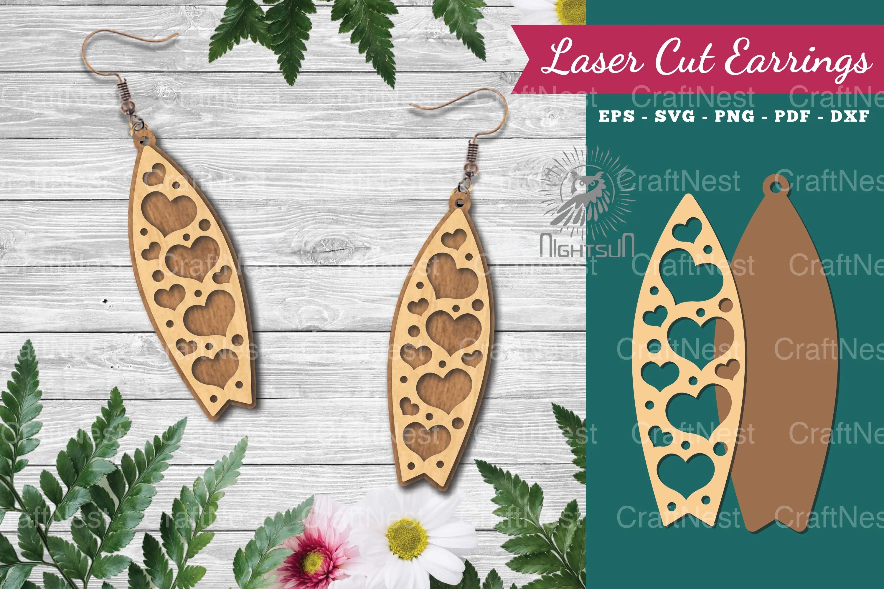 Heart Surfboard Laser Cut Earrings Design Bundle - CraftNest - Digital Crafting and Art
