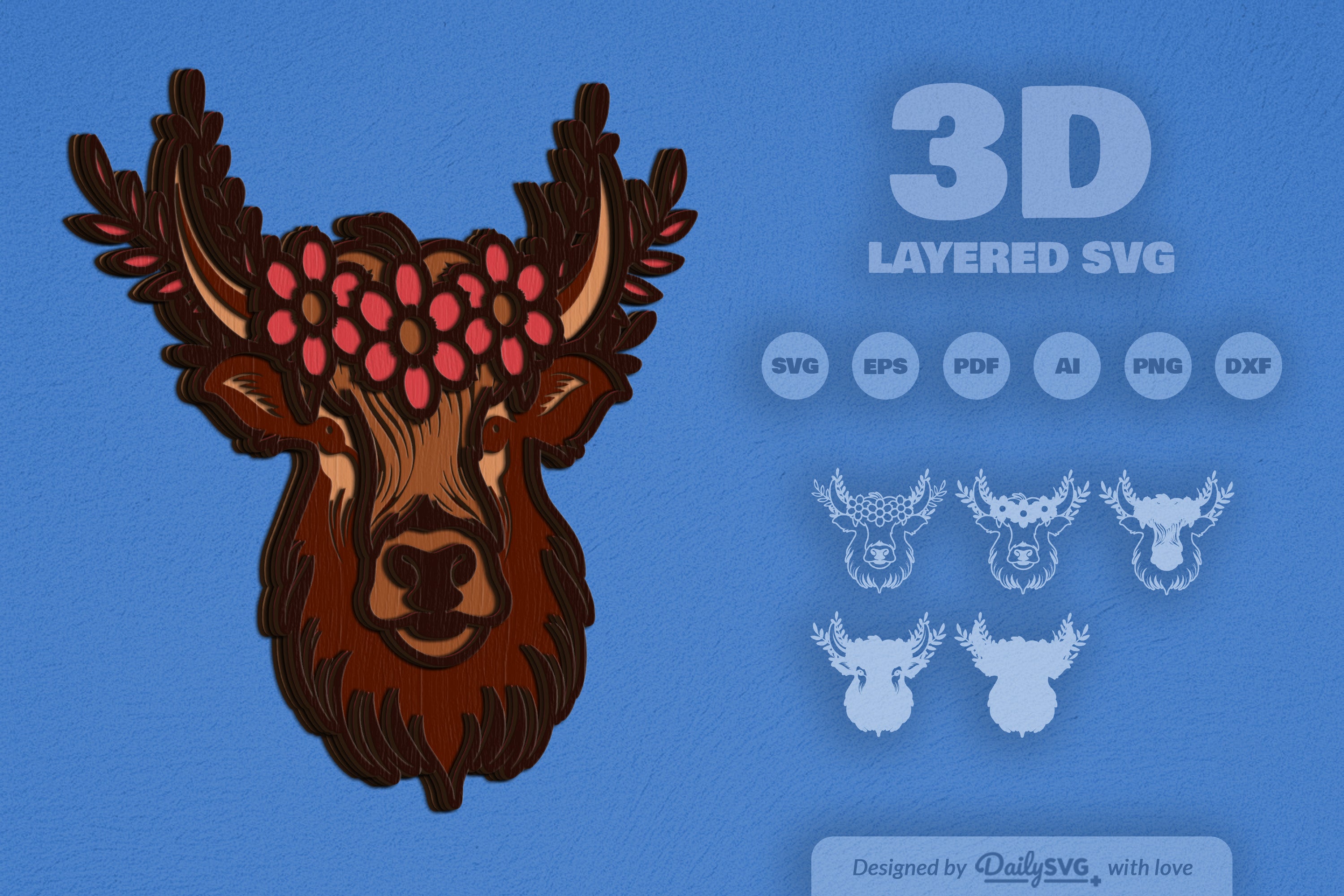 Highland Cow Floral Crown Laser Cut SVG Bundle