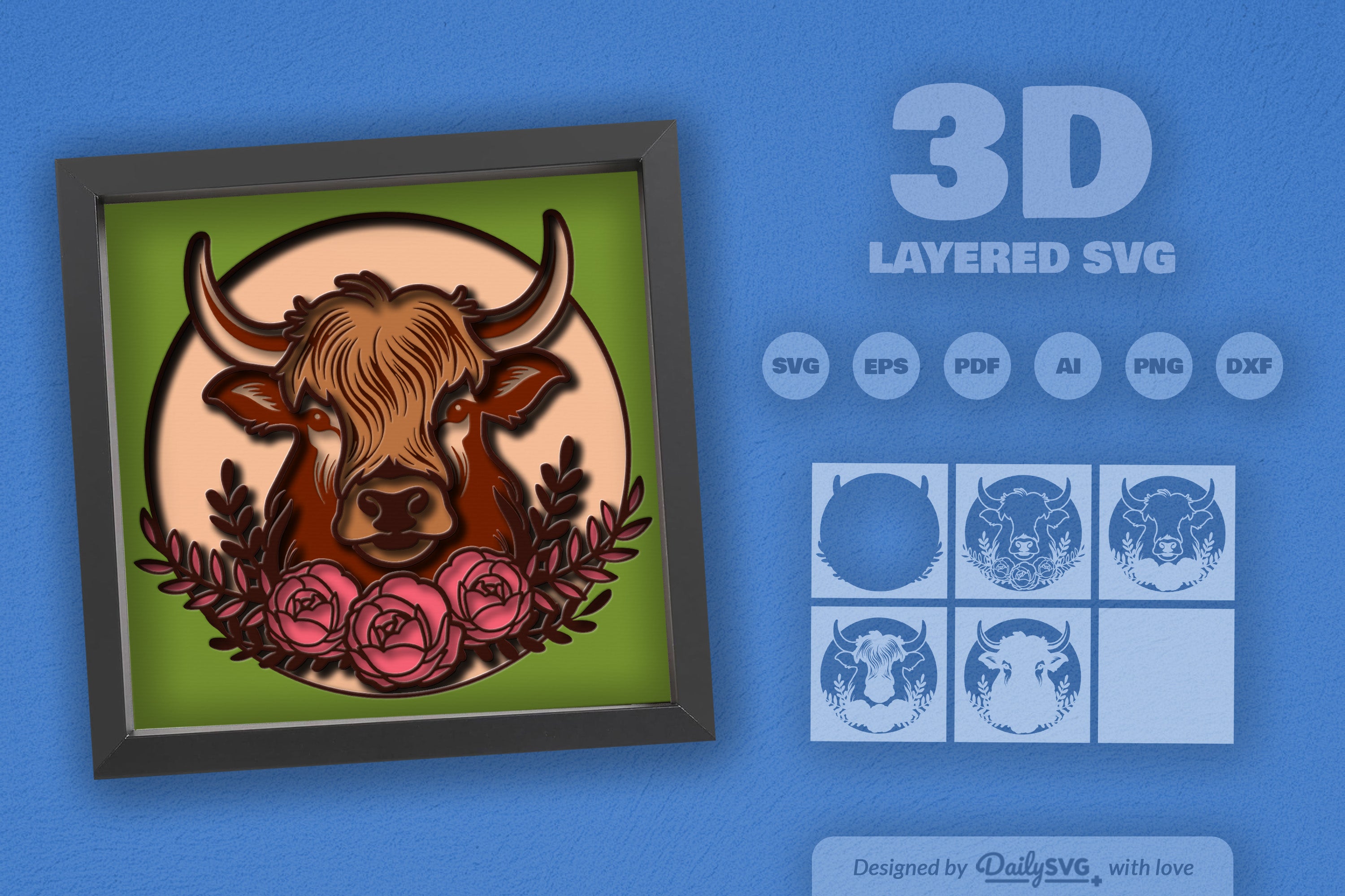 Highland Cow Floral Papercut SVG Bundle