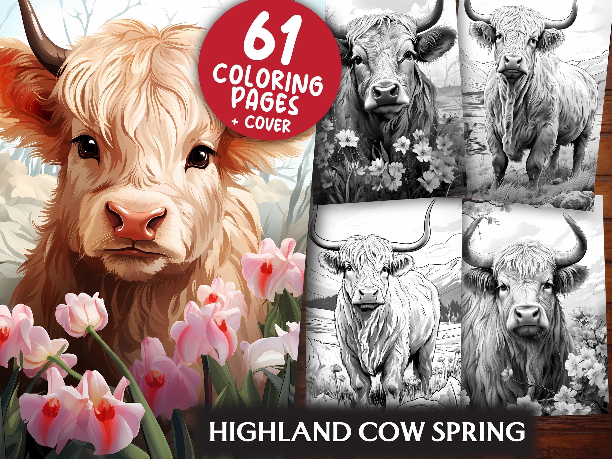 Highland Cow Spring Coloring Books - CraftNest