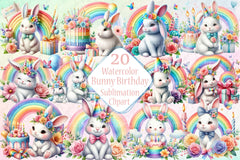 Rainbow Bunny Birthday Clipart Bundle - CraftNest - Digital Crafting and Art