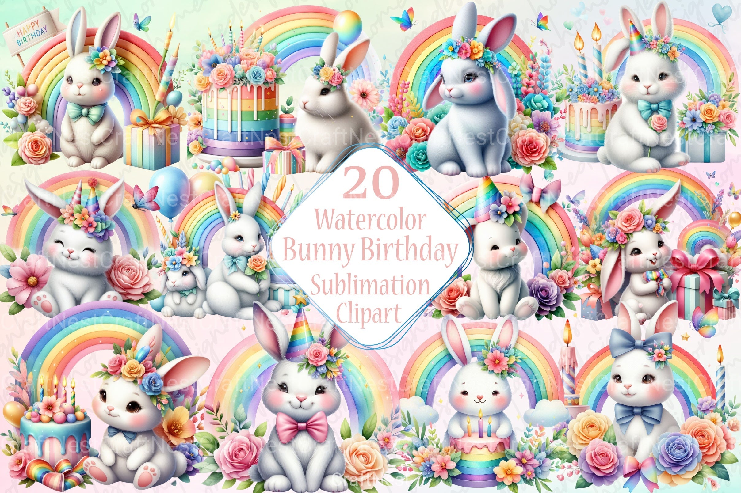 Rainbow Bunny Birthday Clipart Bundle - CraftNest - Digital Crafting and Art