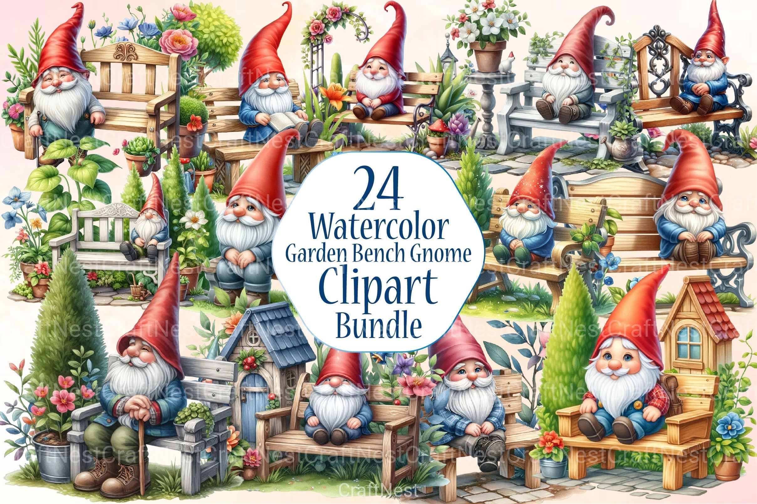Garden Bench Gnome Clipart Bundle - CraftNest - Digital Crafting and Art