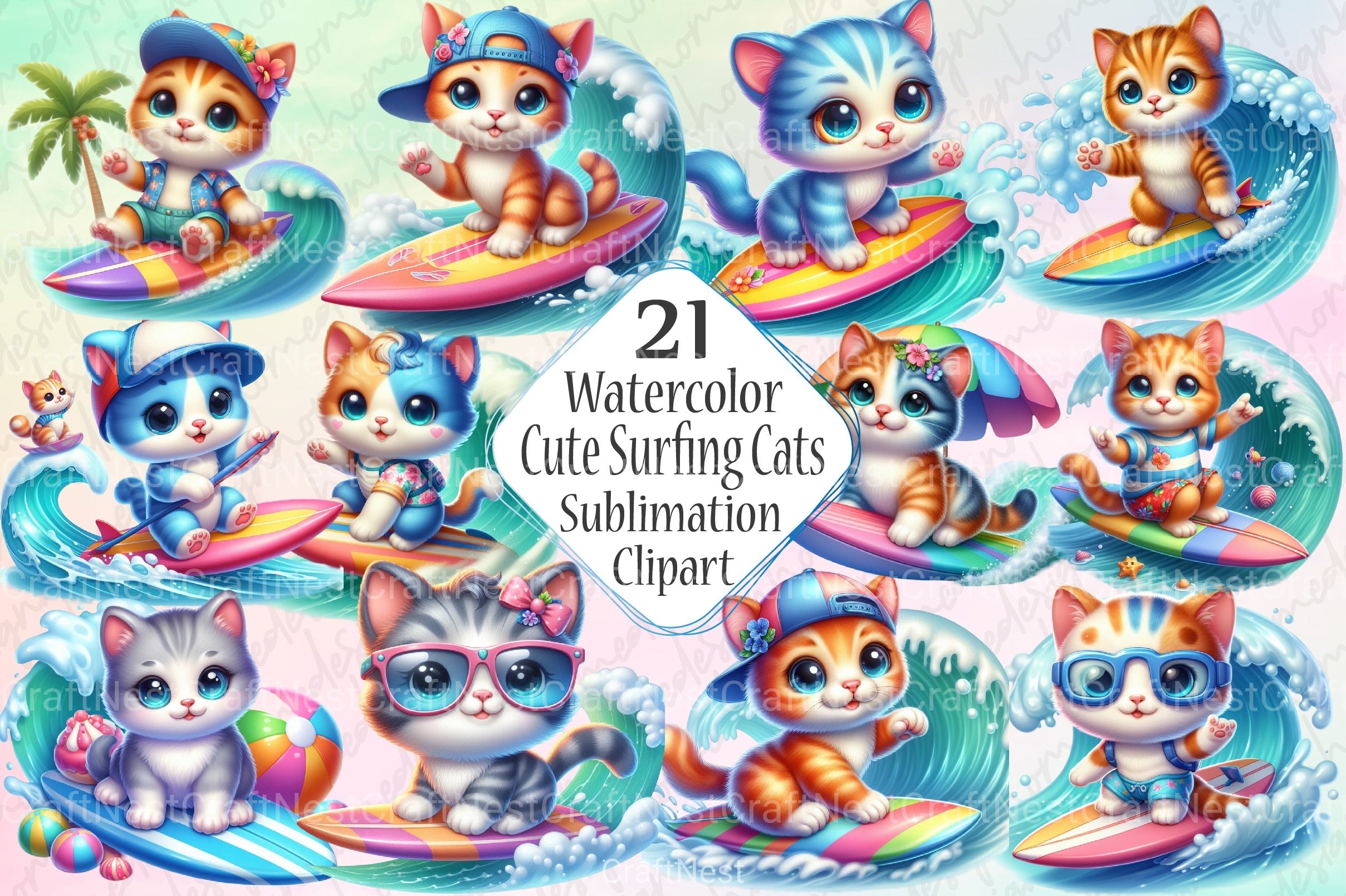 Cute Surfing Cats Clipart Bundle - CraftNest - Digital Crafting and Art