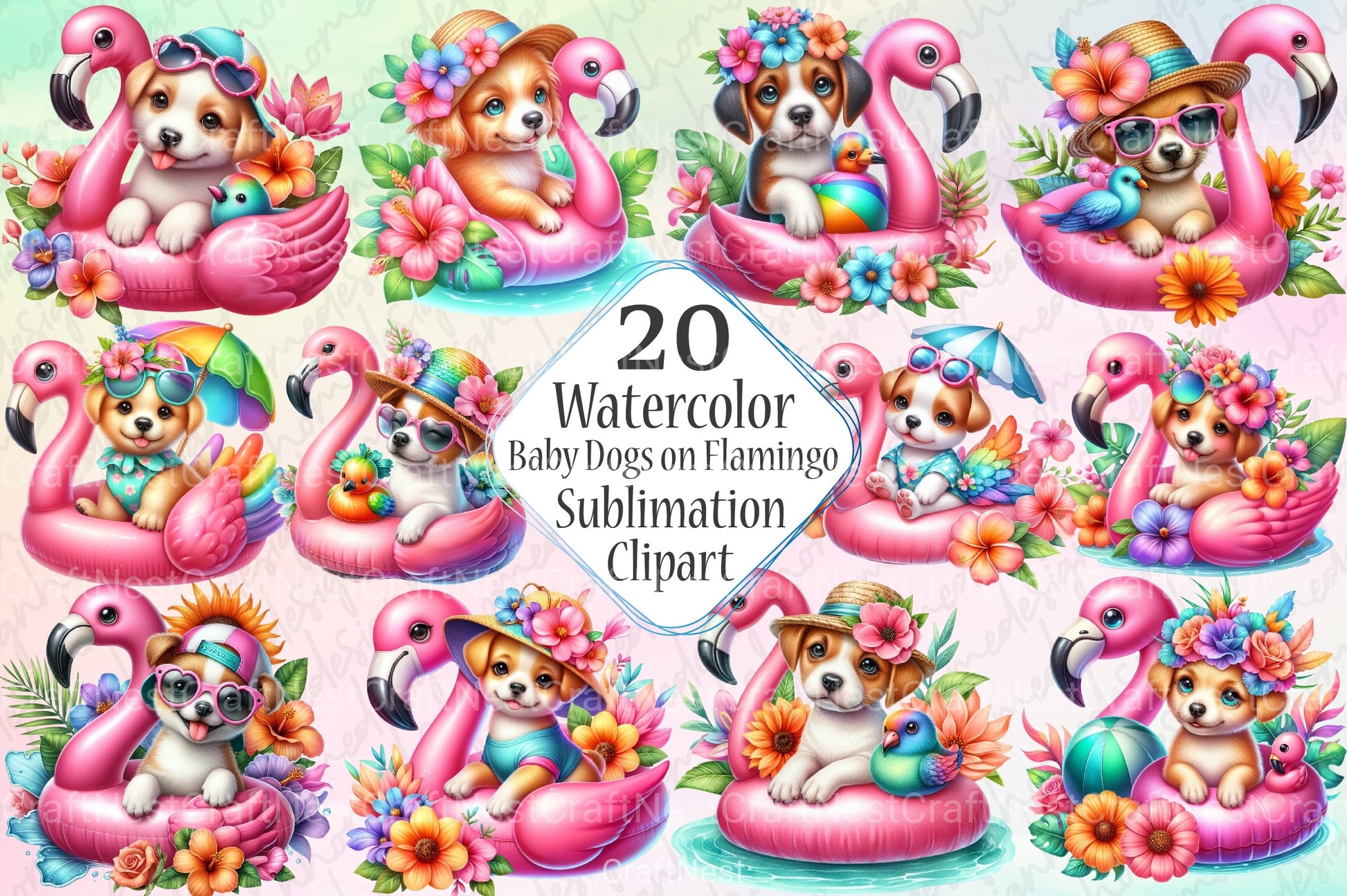 Summer Baby Dogs on Flamingo Floats Clipart Bundle - CraftNest - Digital Crafting and Art
