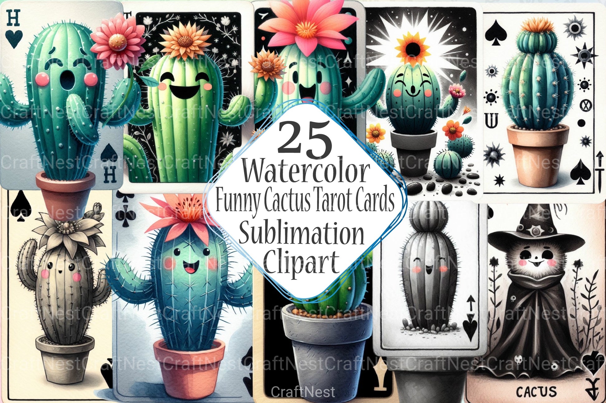 Funny Cactus Tarot Card Clipart Bundle - CraftNest - Digital Crafting and Art