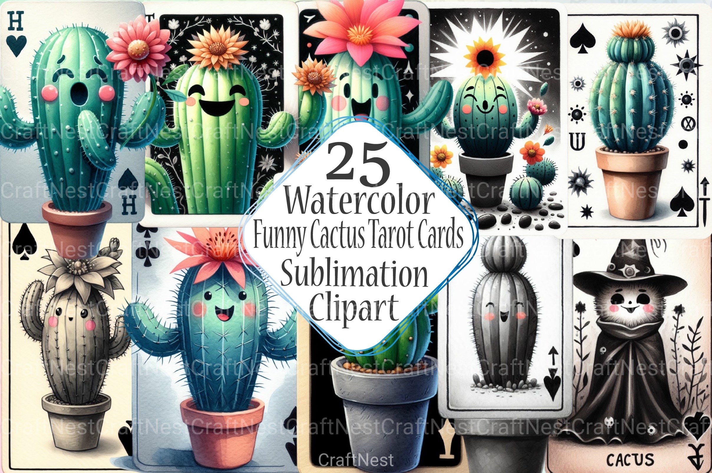 Funny Cactus Tarot Card Clipart Bundle - CraftNest - Digital Crafting and Art