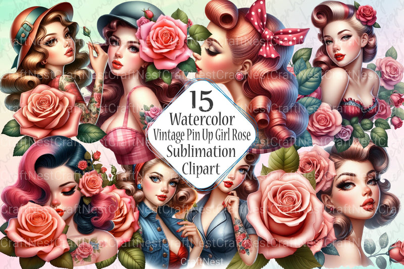 Vintage Pin Up Girl Rose Clipart Bundle - CraftNest - Digital Crafting and Art