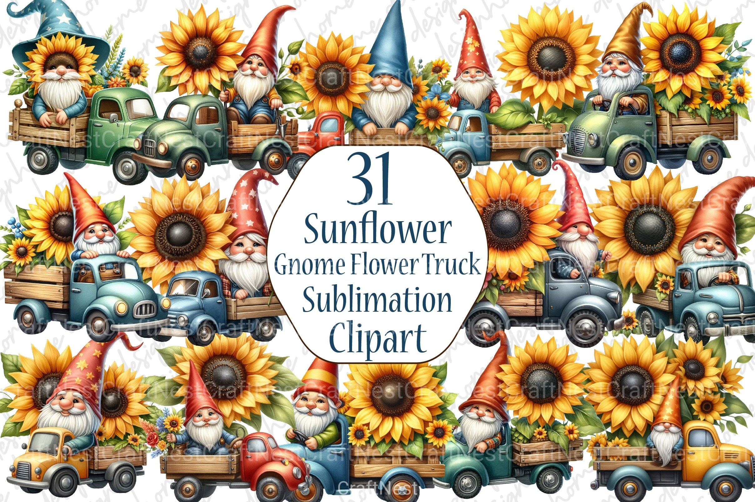 Sunflower Gnome Flower Truck Clipart Bundle - CraftNest - Digital Crafting and Art