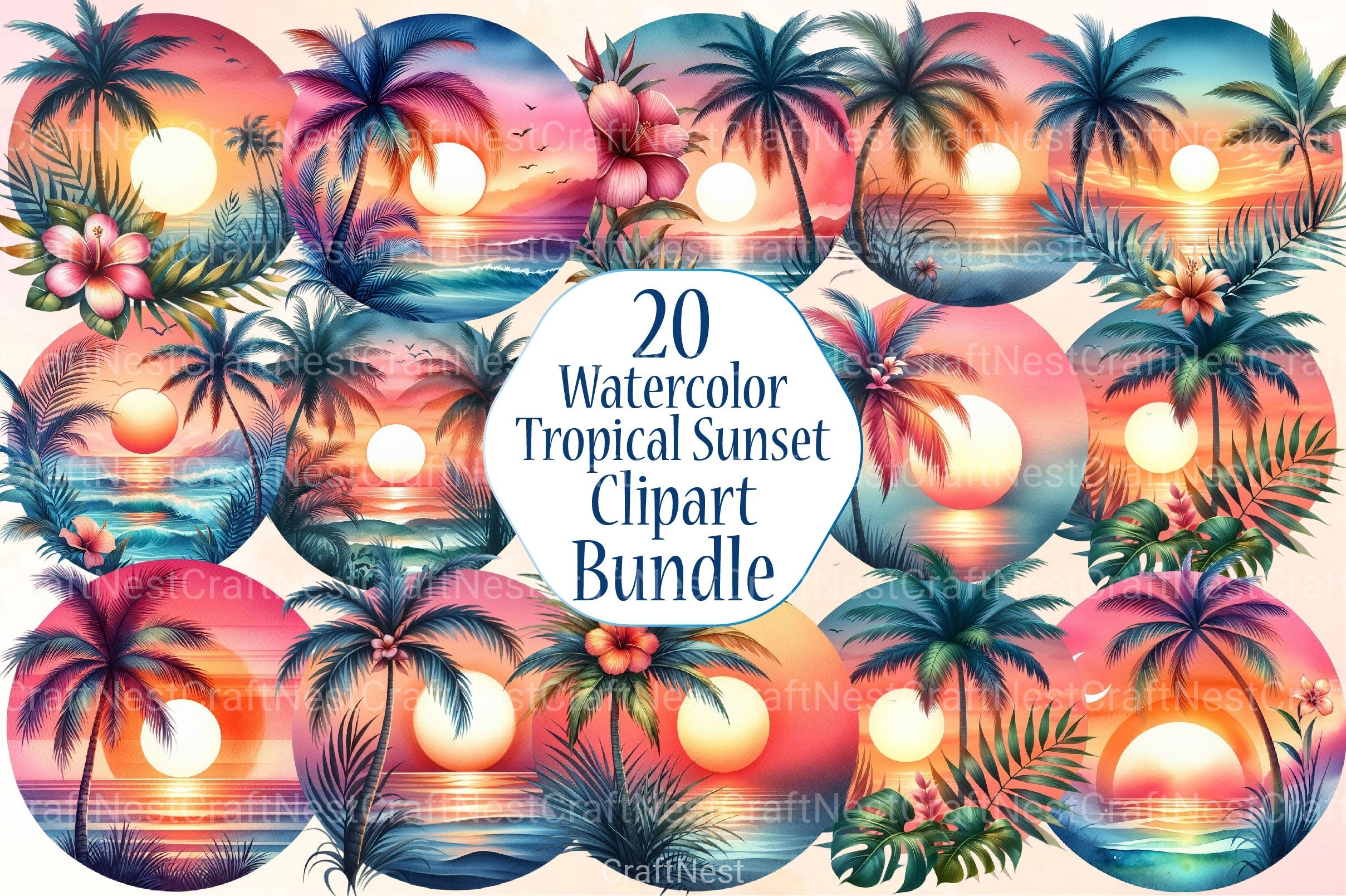 Tropical Sunset Palm Flower Clipart Bundle - CraftNest - Digital Crafting and Art