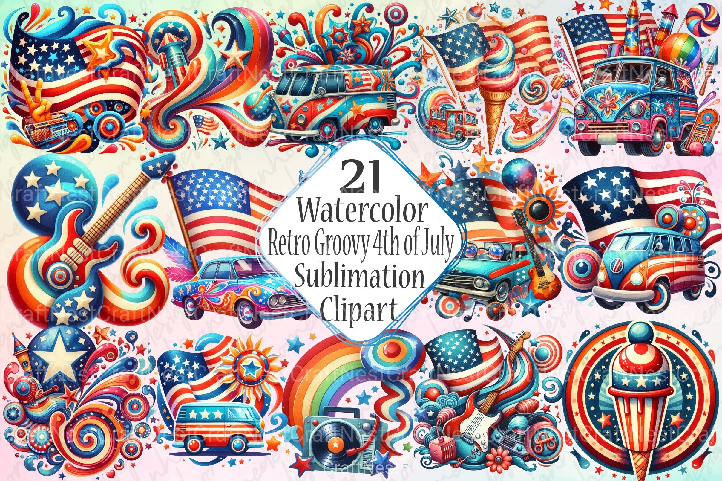 Retro Groovy 4th of July Clipart Bundle - CraftNest - Digital Crafting and Art