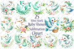 Mint Stork Baby Shower Clipart Bundle 99 - CraftNest - Digital Crafting and Art
