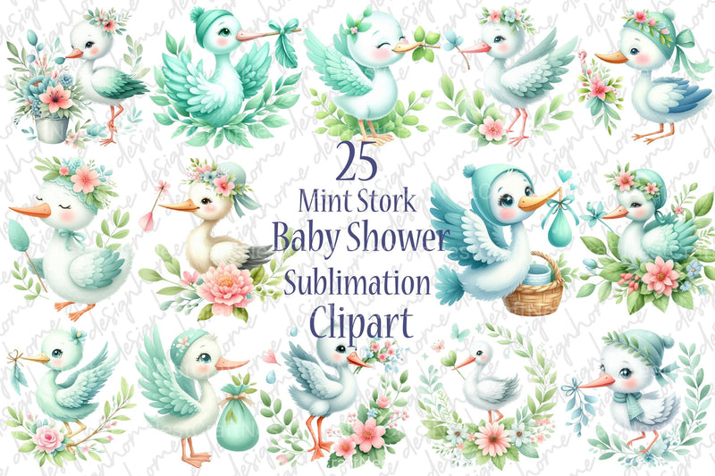 Mint Stork Baby Shower Clipart Bundle 99 - CraftNest - Digital Crafting and Art