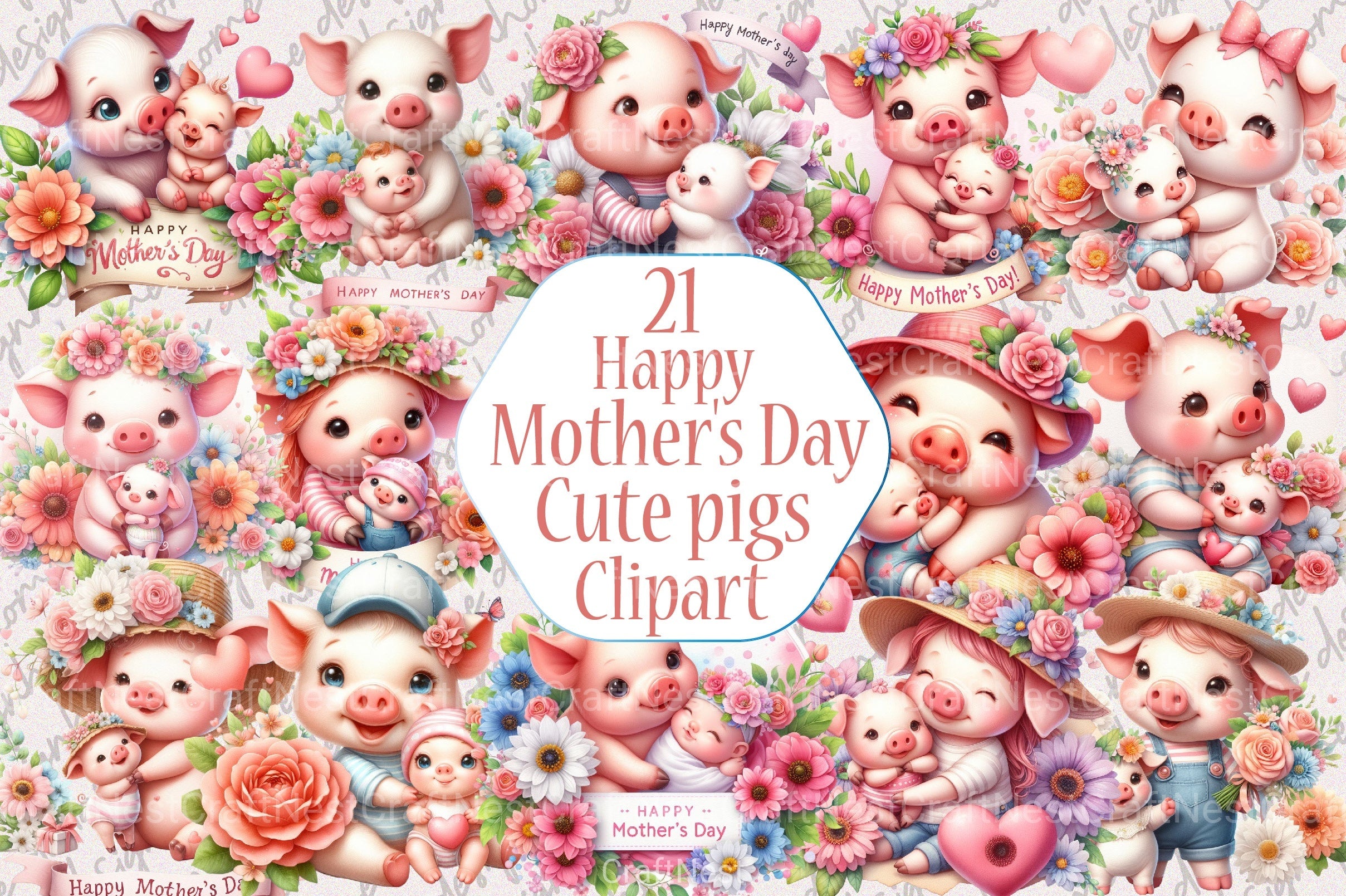 Happy Mother's Day Cute Pigs Clipart Bundle - CraftNest - Digital Crafting and Art