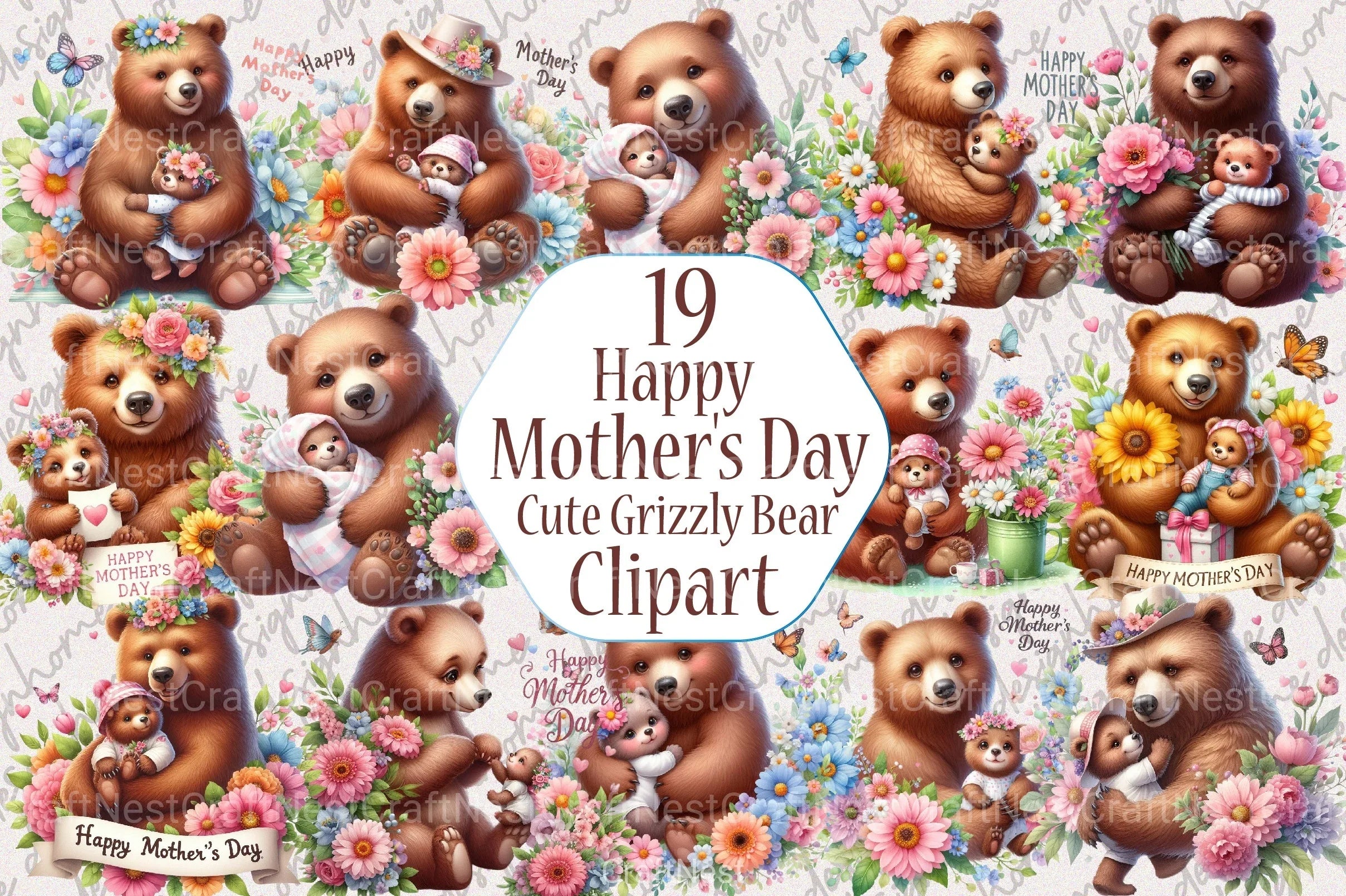 Mother's Day Grizzly Bear Clipart Bundle - CraftNest - Digital Crafting and Art