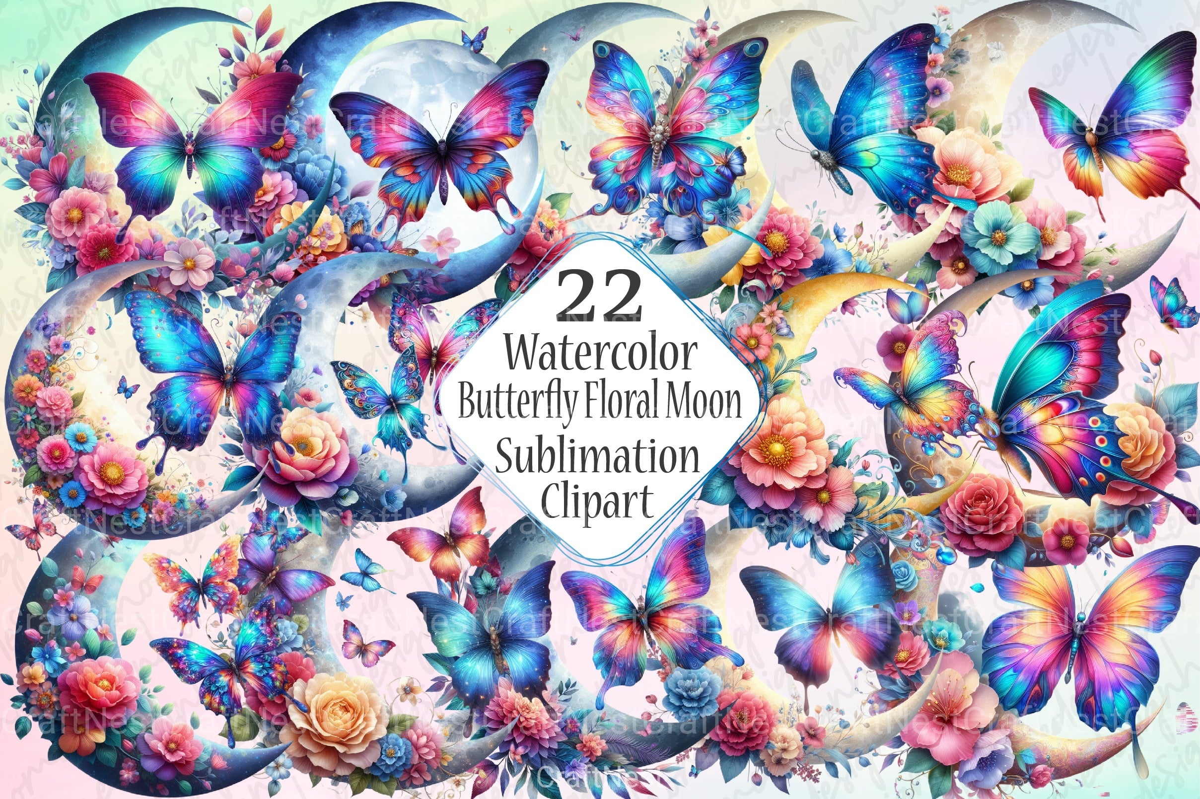 Butterfly and Floral Moon Clipart Bundle - CraftNest - Digital Crafting and Art