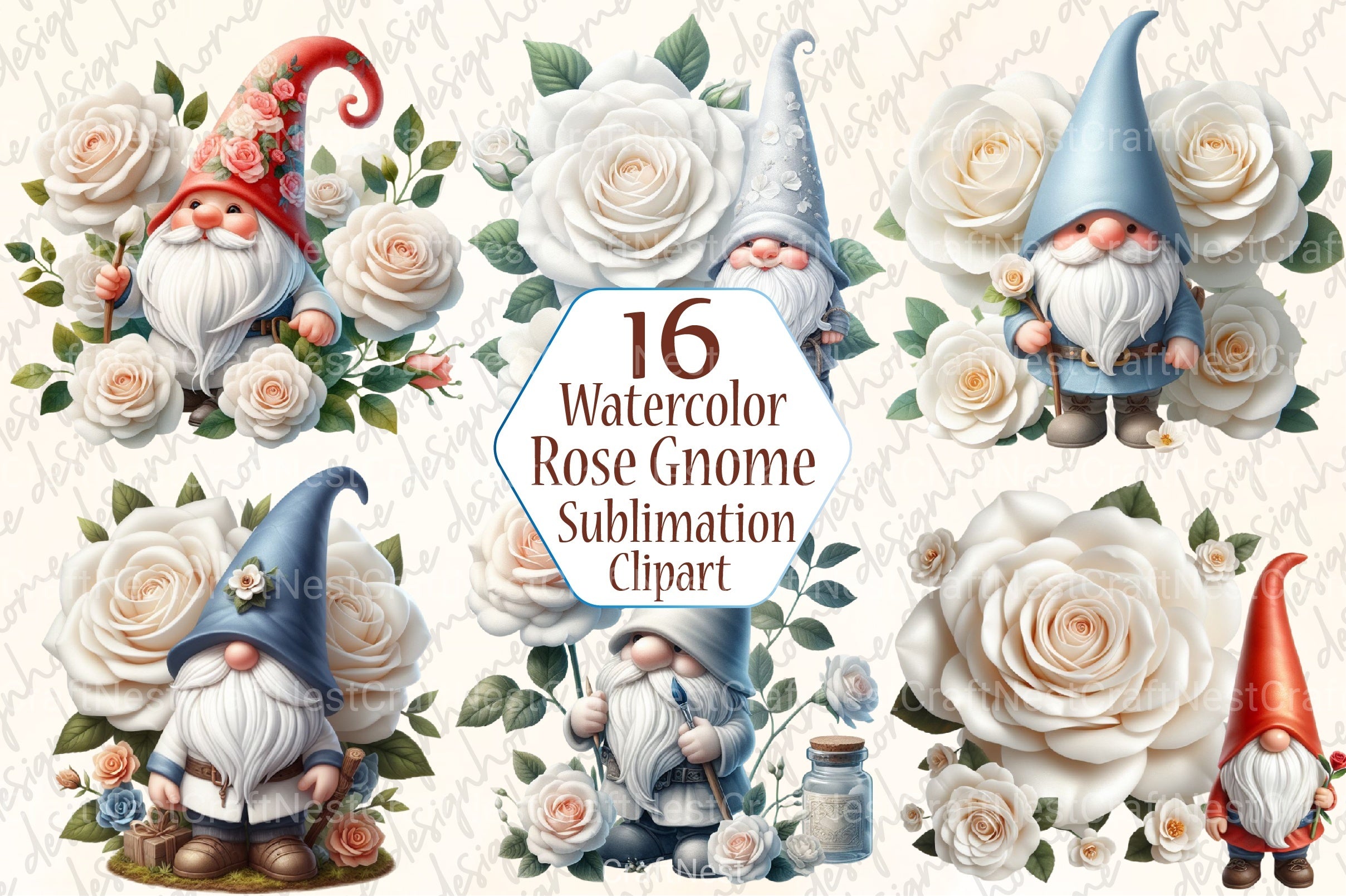 White Rose Gnome Clipart Bundle - CraftNest - Digital Crafting and Art
