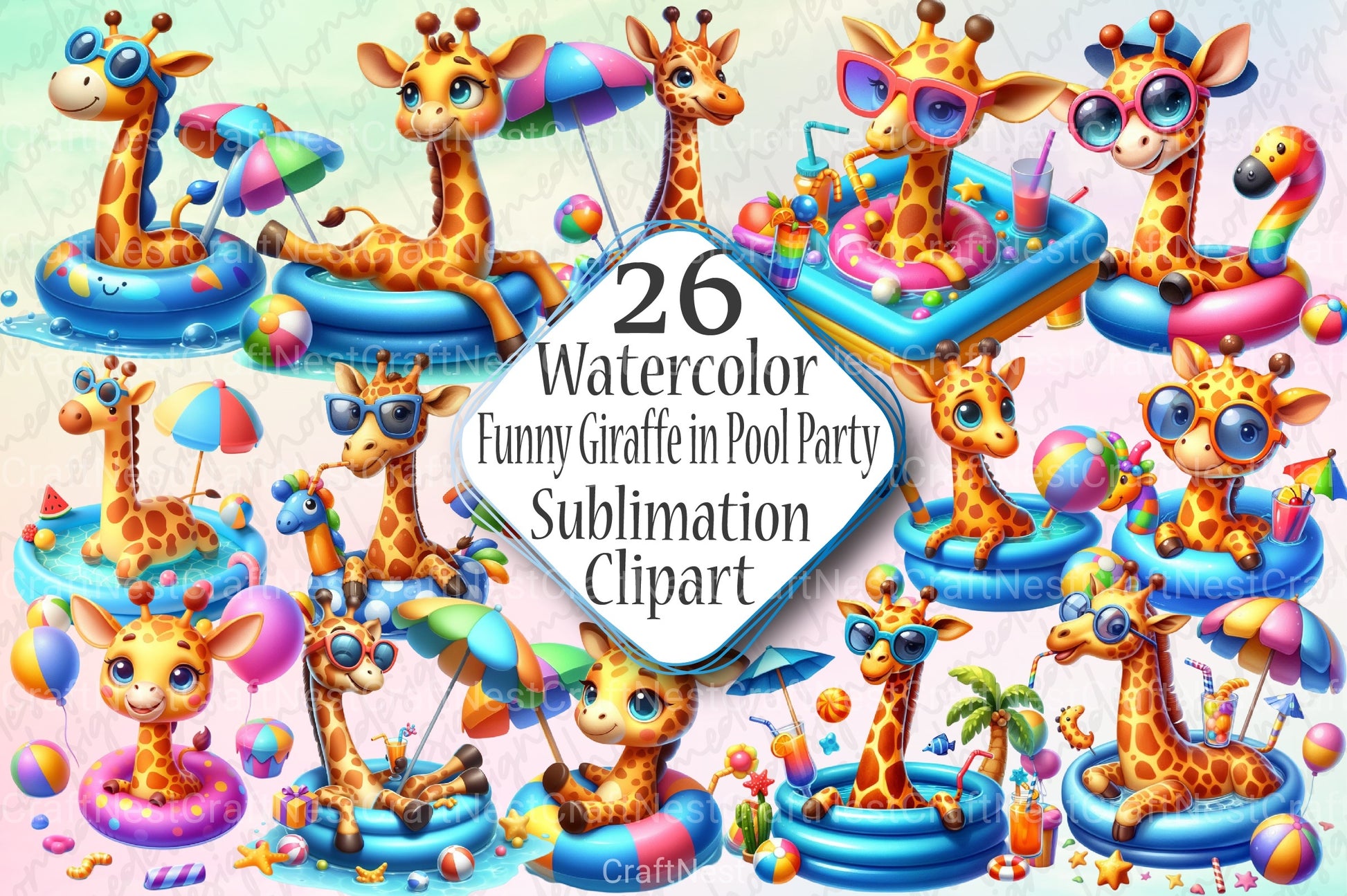Funny Giraffe Pool Party Clipart Bundle - CraftNest - Digital Crafting and Art
