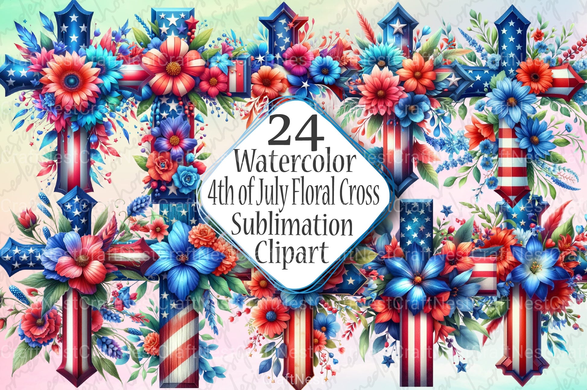 4th of July Floral Cross Clipart Bundle - CraftNest - Digital Crafting and Art