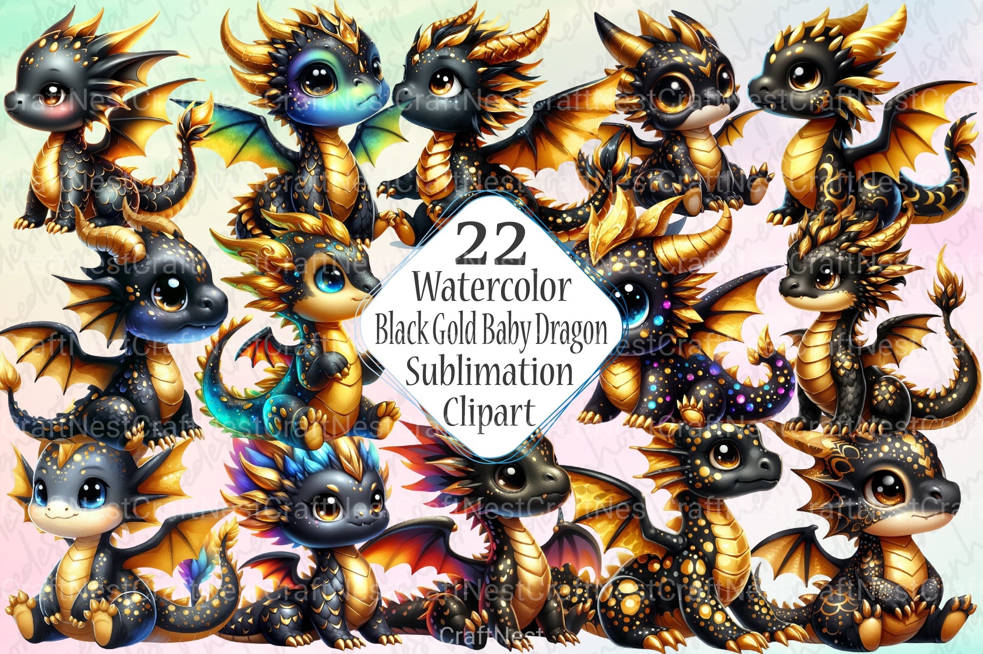 Cute Black and Gold Baby Dragon Clipart Bundle 45 - CraftNest - Digital Crafting and Art