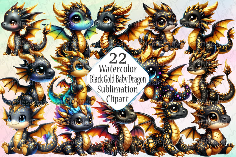 Cute Black and Gold Baby Dragon Clipart Bundle 45 - CraftNest - Digital Crafting and Art