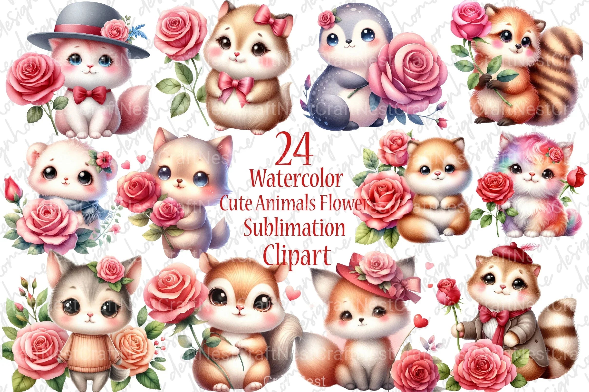 Cute Animals Flower Clipart Bundle - CraftNest - Digital Crafting and Art