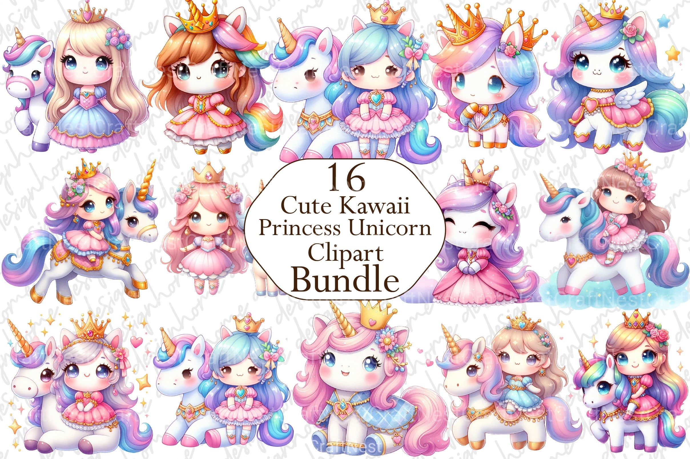 Cute Kawaii Princess Unicorn Clipart Bundle - CraftNest - Digital Crafting and Art