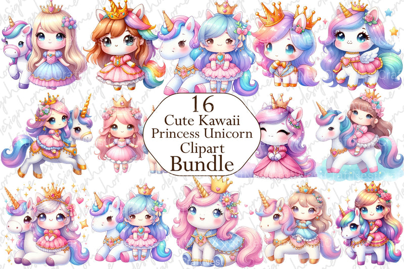 Cute Kawaii Princess Unicorn Clipart Bundle - CraftNest - Digital Crafting and Art