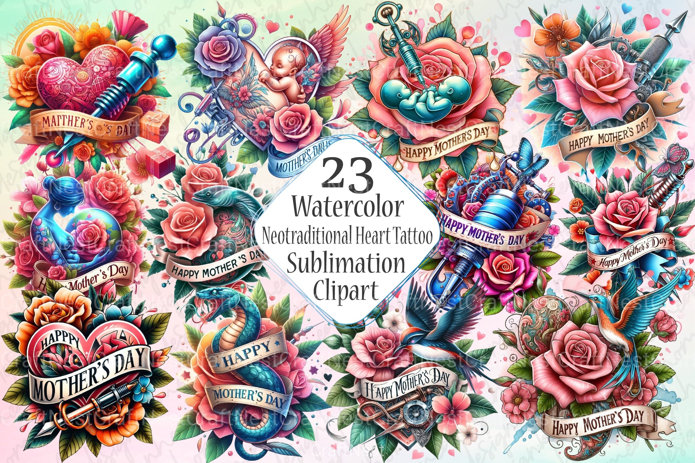 Mother's Day Neotraditional Tattoo Clipart Bundle - CraftNest - Digital Crafting and Art