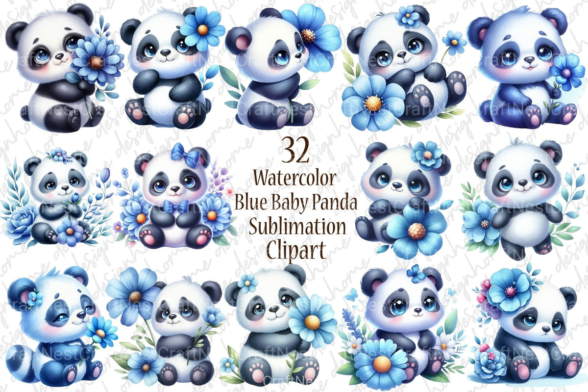 Blue Panda Pattern Blue Baby Panda Clipart Bundle