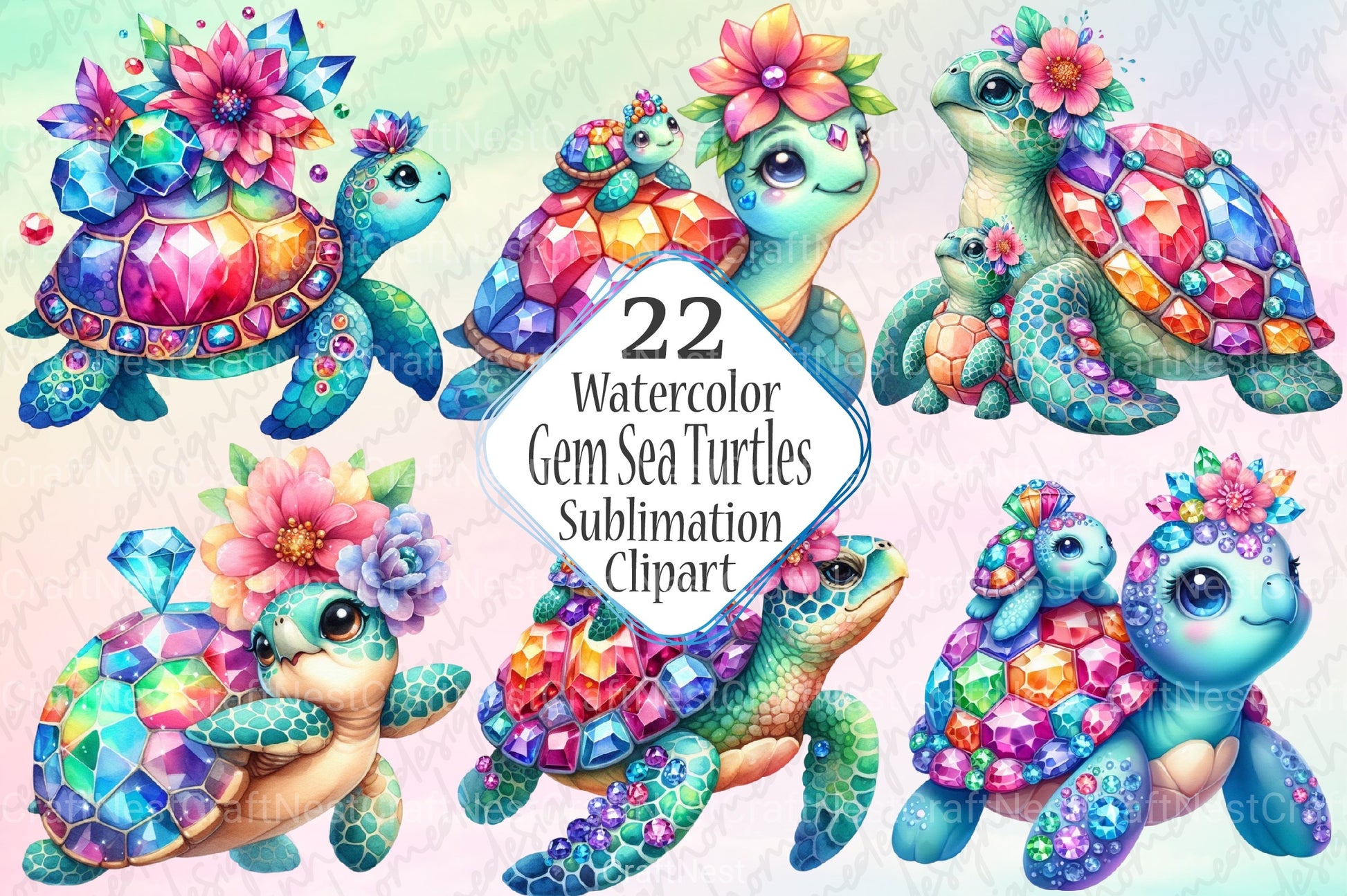 Gem Sea Turtle Mom and Baby Clipart Bundle 1 - CraftNest - Digital Crafting and Art
