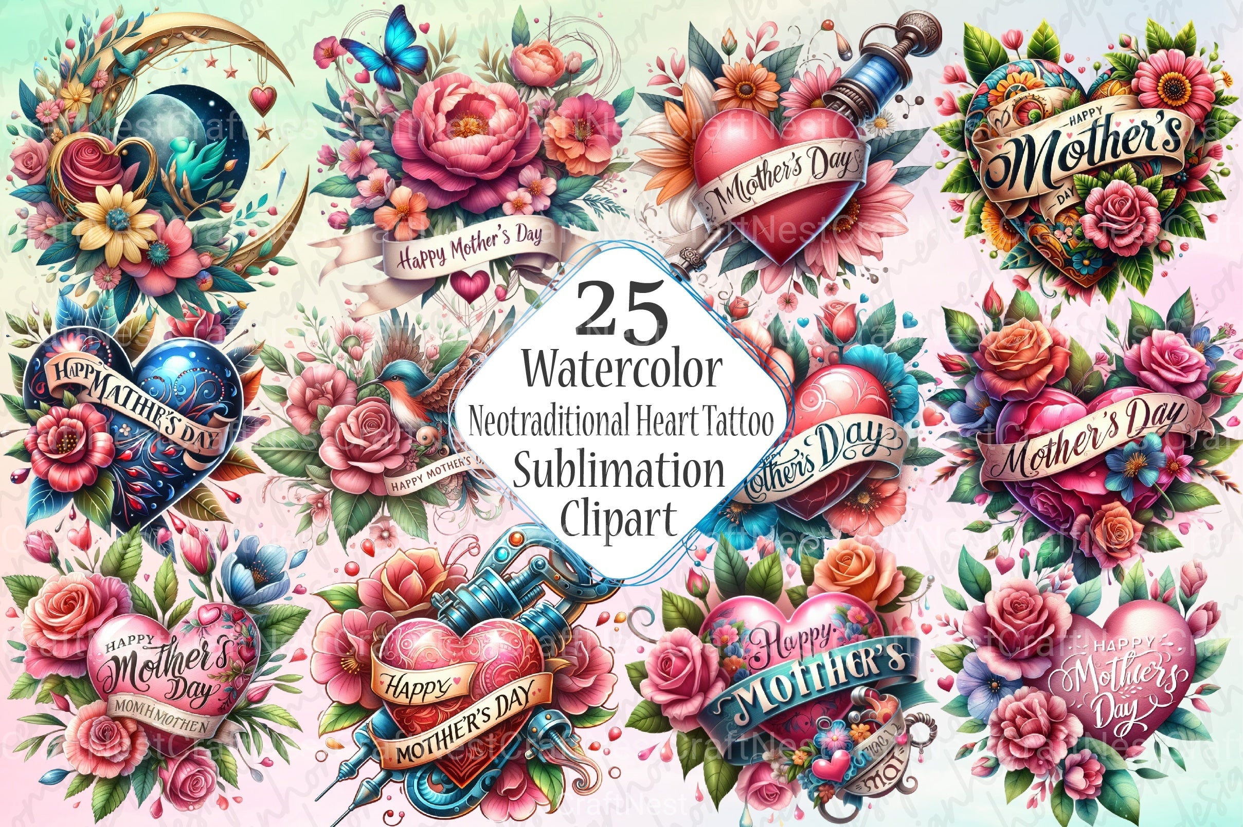 Mother's Day Neotraditional Heart Tattoo Clipart Bundle - CraftNest - Digital Crafting and Art