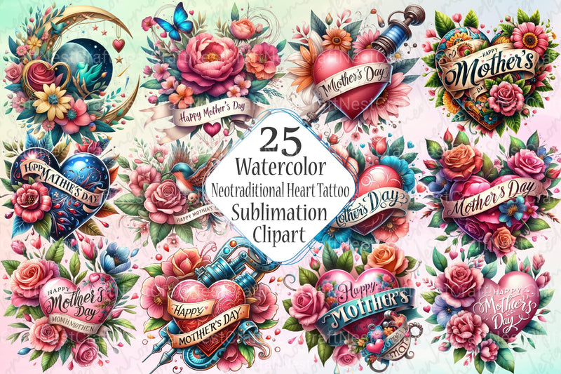 Mother's Day Neotraditional Heart Tattoo Clipart Bundle - CraftNest - Digital Crafting and Art