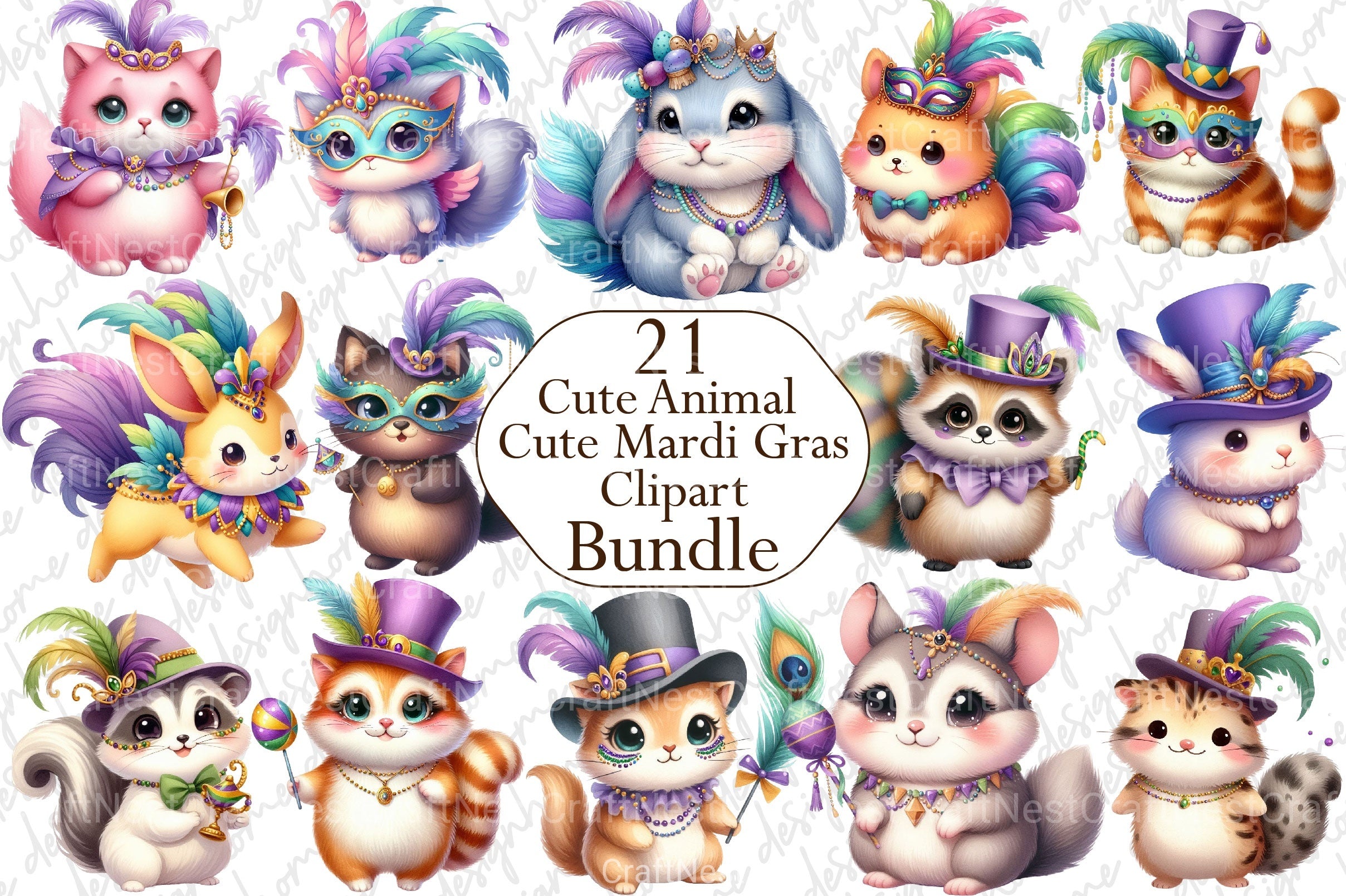 Cute Mardi Gras Animal Clipart Bundle - CraftNest - Digital Crafting and Art