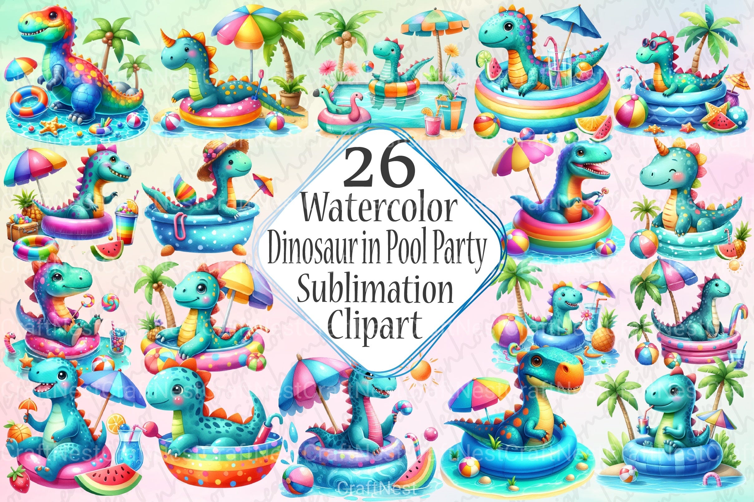 Dinosaur Pool Party Clipart Bundle - CraftNest - Digital Crafting and Art