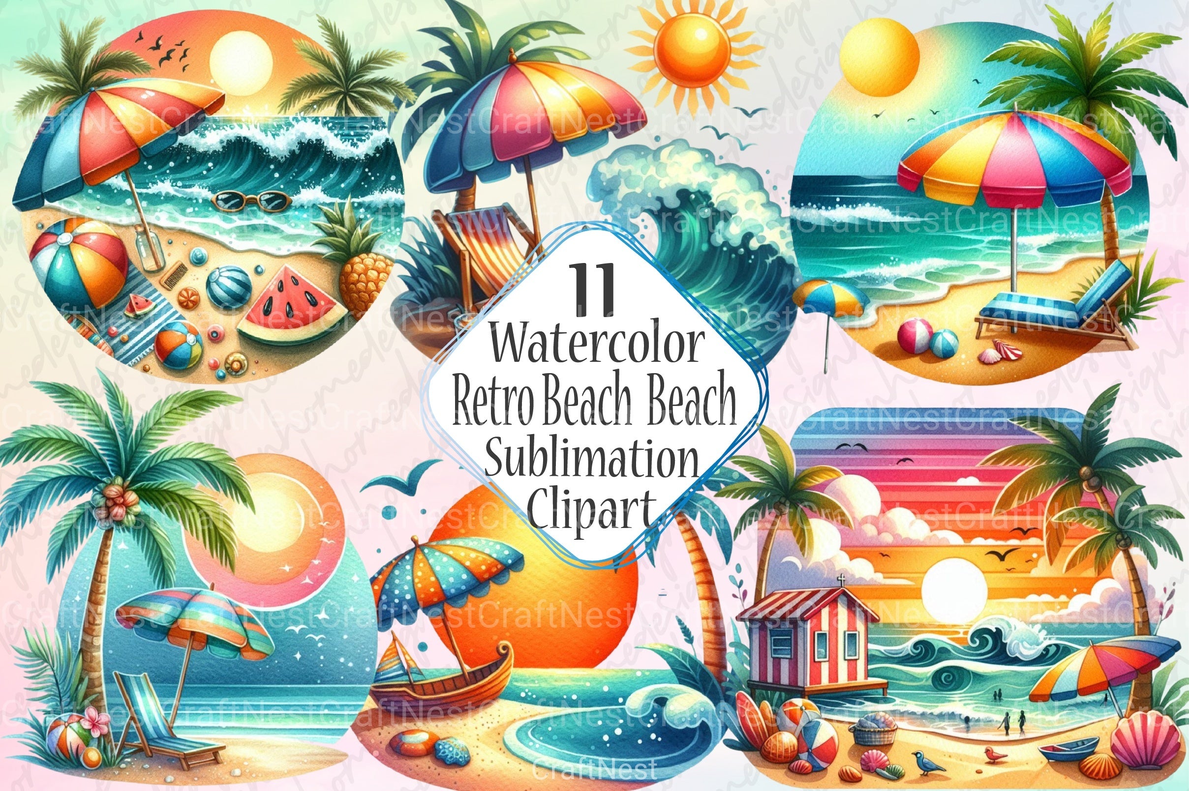 Retro Beach Clipart Bundle - CraftNest - Digital Crafting and Art