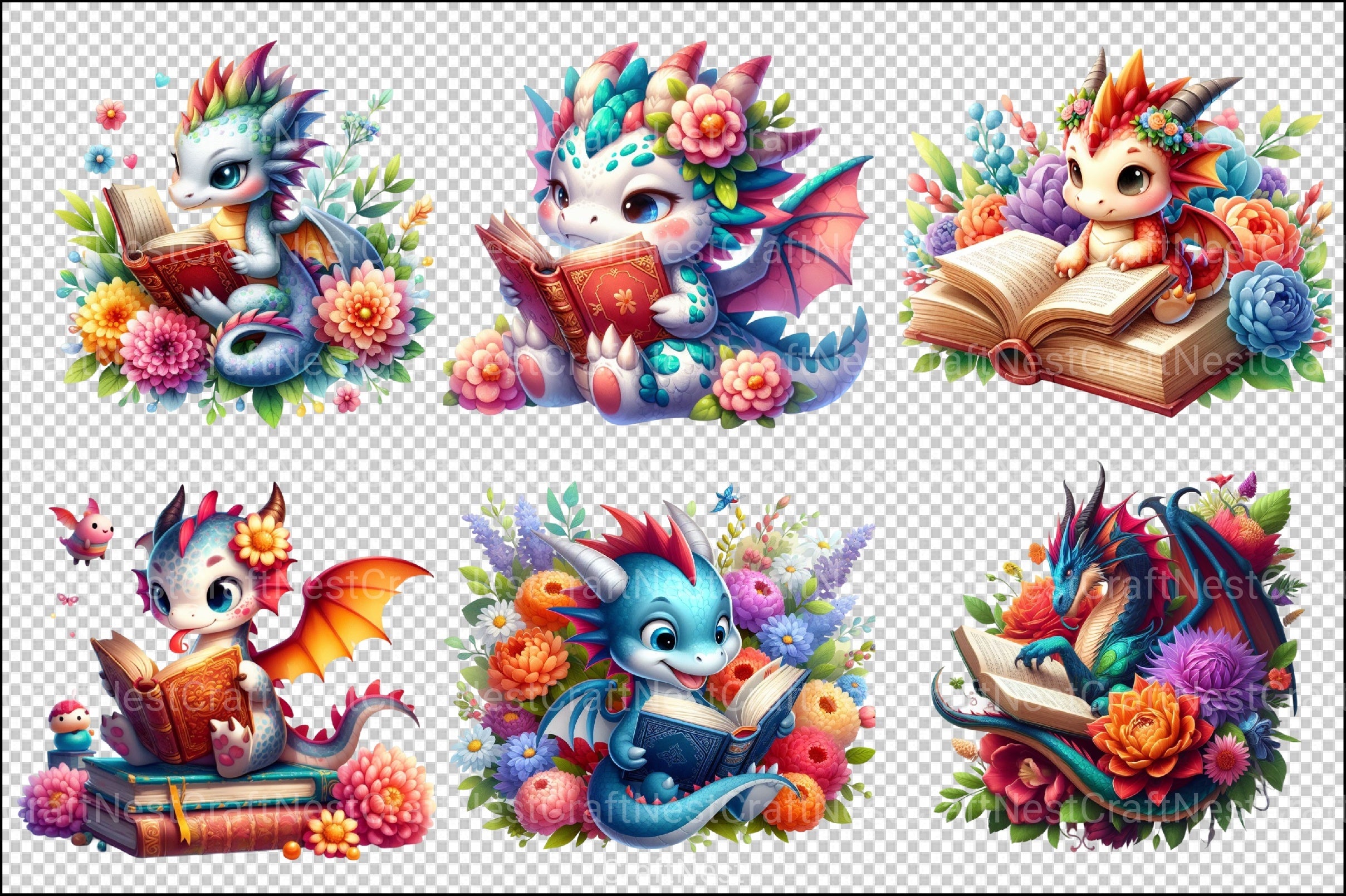 Cute Dragon Reading Clipart Bundle - CraftNest - Digital Crafting and Art