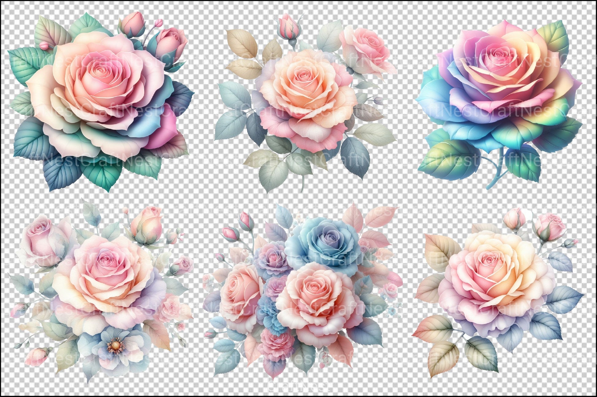 Pastel Roses Pink Blue Peach Floral Clipart Bundle - CraftNest - Digital Crafting and Art