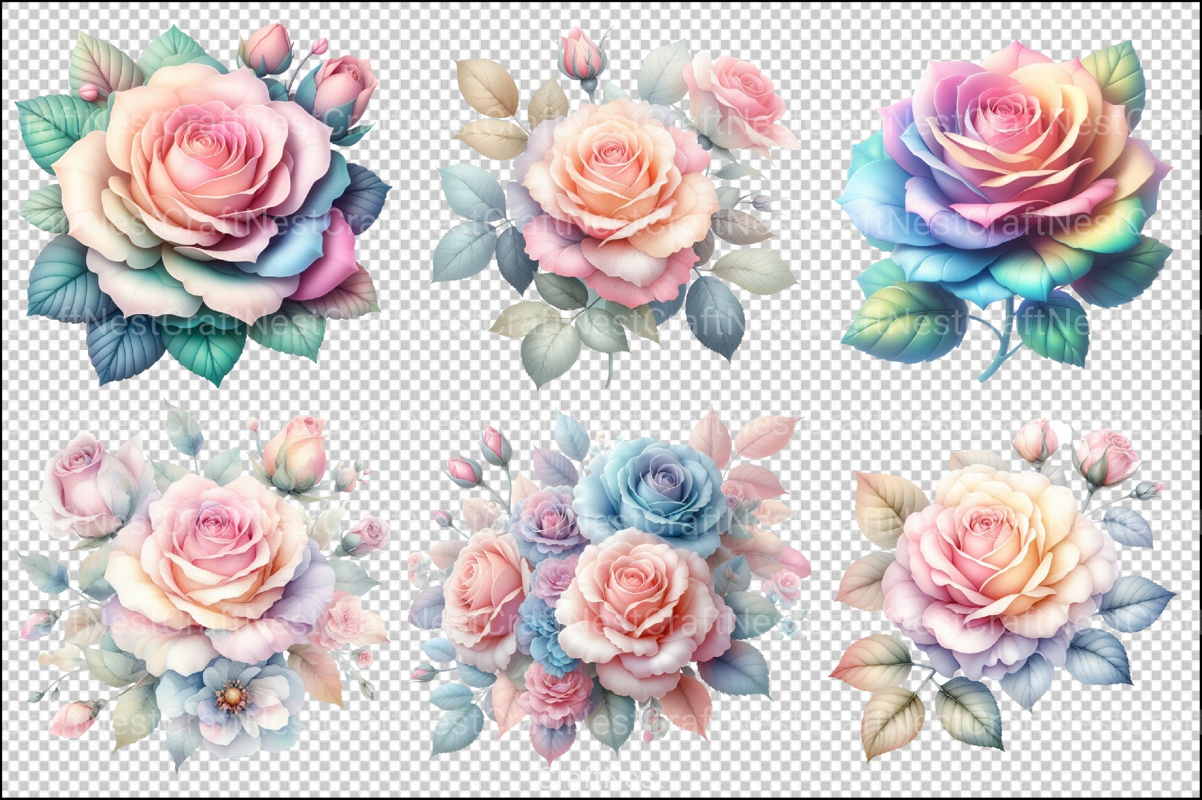Pastel Roses Pink Blue Peach Floral Clipart Bundle - CraftNest - Digital Crafting and Art