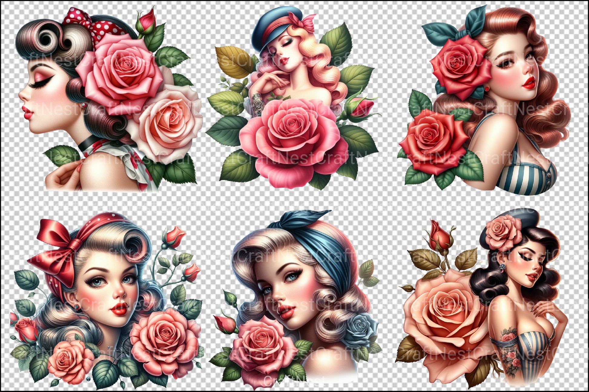 Vintage Pin Up Girl Rose Clipart Bundle - CraftNest - Digital Crafting and Art