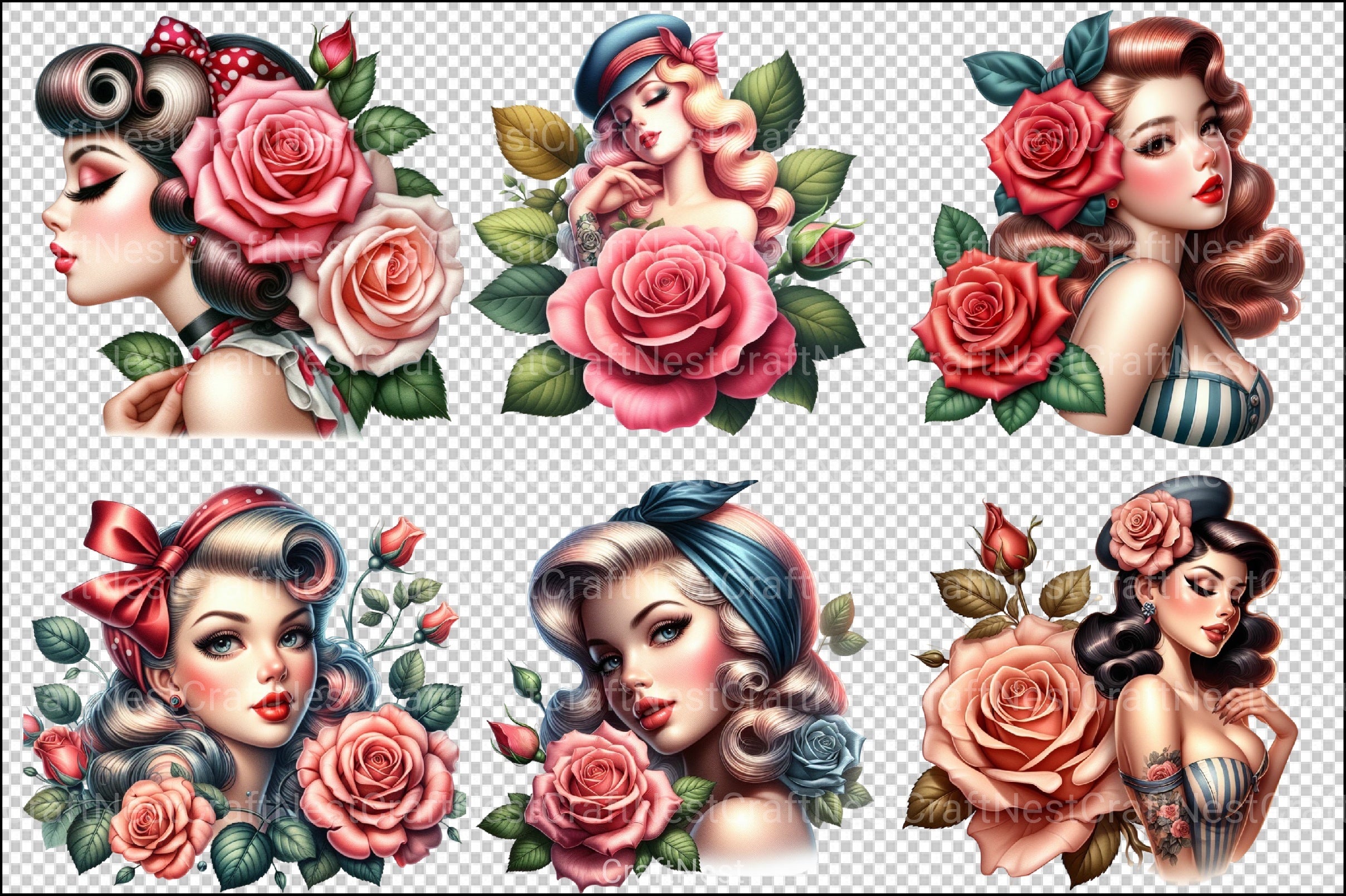 Vintage Pin Up Girl Rose Clipart Bundle - CraftNest - Digital Crafting and Art