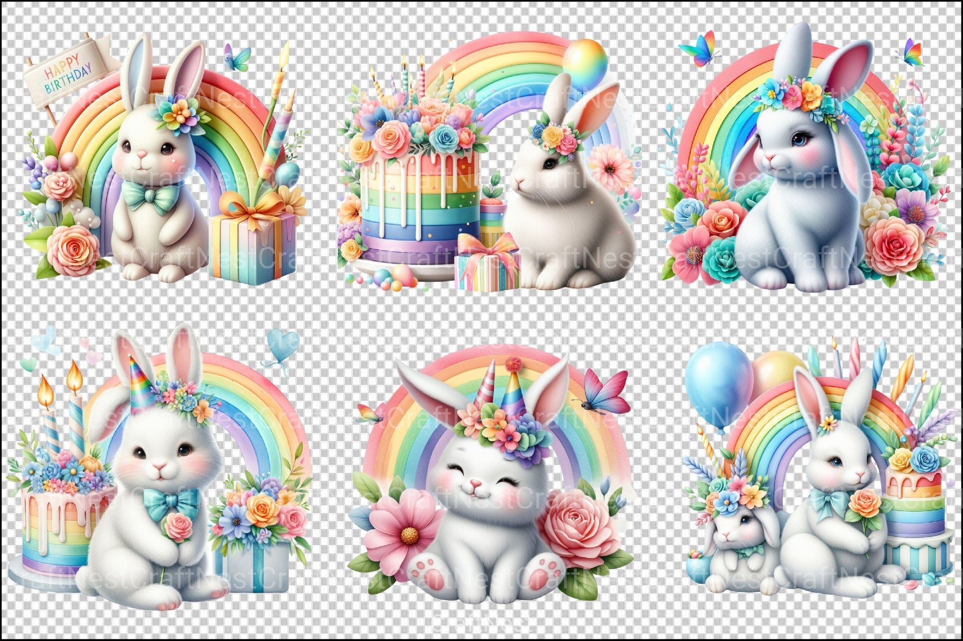 Rainbow Bunny Birthday Clipart Bundle - CraftNest - Digital Crafting and Art