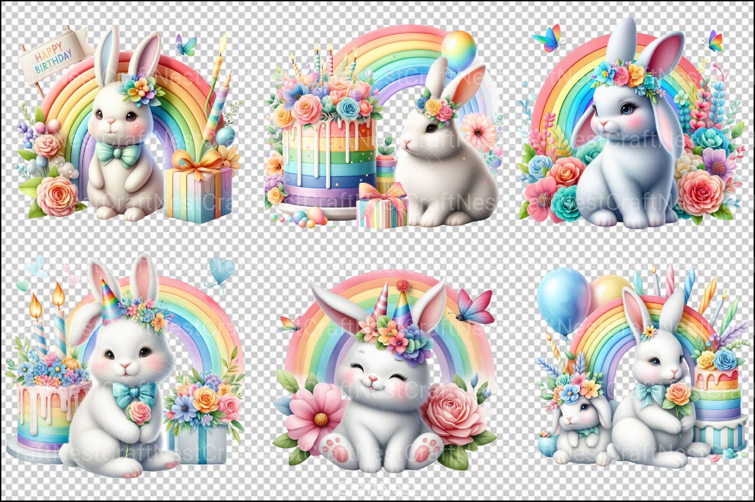 Rainbow Bunny Birthday Clipart Bundle - CraftNest - Digital Crafting and Art